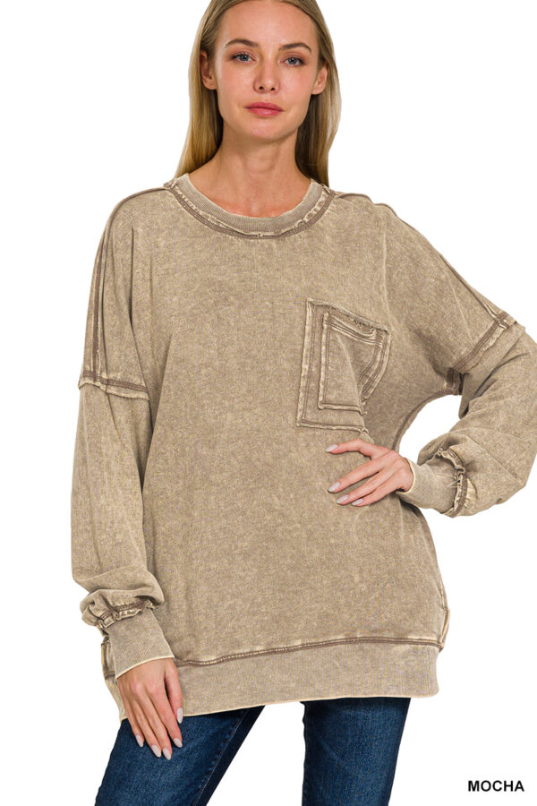 French Terry Acid Wash Raw Edge Pullover w/ Pockets - Image 2