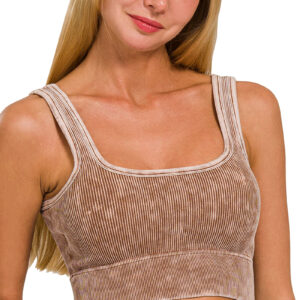 Deep Camel Washed Ribbed Square Neck Padded Bralette
