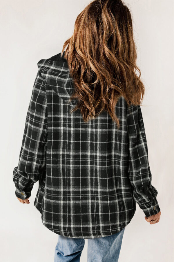 Black Plaid Sherpa Lined Hooded Jacket - Image 2