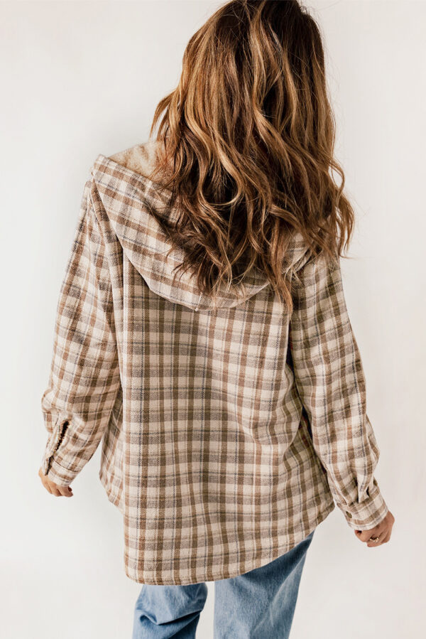 Brown Plaid Sherpa Lined Hooded Jacket - Image 2