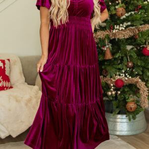 Velvet Short Sleeve Shirred Waist Tiered Maxi Dress