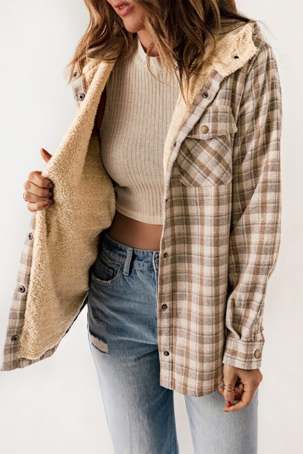 Brown Plaid Sherpa Lined Hooded Jacket - Image 3