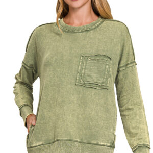 Olive French Terry Acid Wash Raw Edge Pullover w/ Pockets