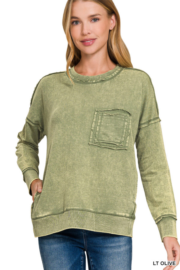 Olive French Terry Acid Wash Raw Edge Pullover w/ Pockets