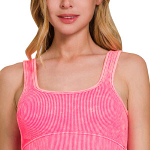 Neon Coral Fuchsia Washed Ribbed Seamless Bralette with Bra Pads