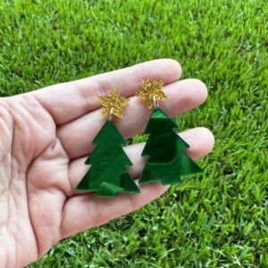 Green Mirror Christmas Tree Earrings