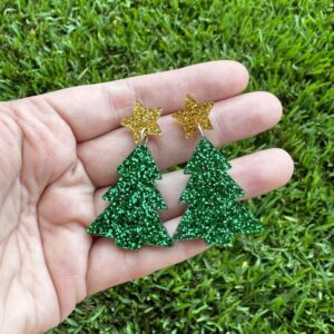 Green Glitter Christmas Tree Earrings