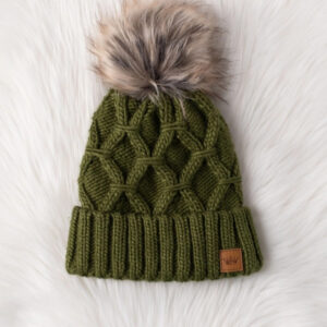 Green Diamond Cable Knit Pom Hat