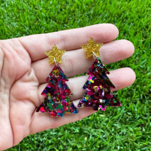 Pink Confetti Christmas Tree Earrings