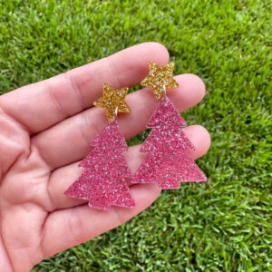 Pink Glitter Christmas Tree Earrings