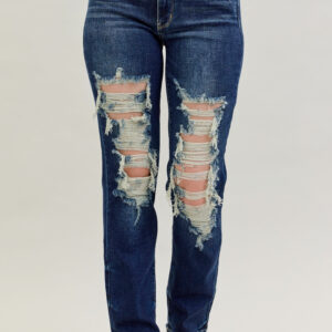 Judy Blue Mid Rise Heavy Destroyed Straight Jeans