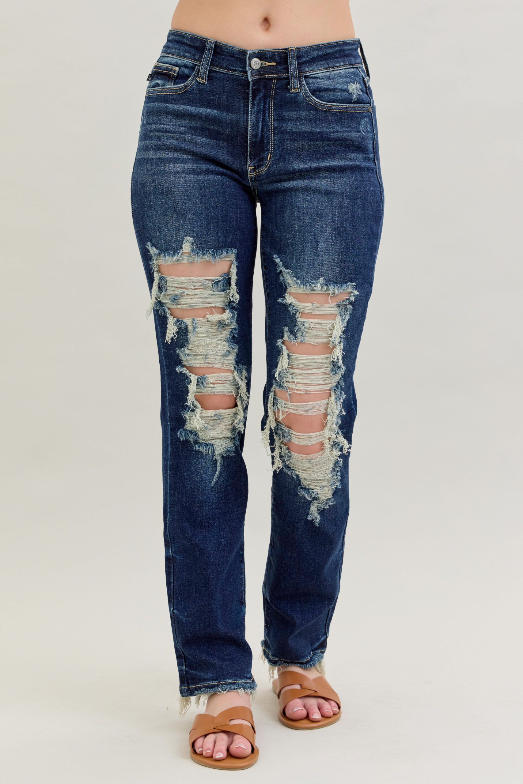 Judy Blue Mid Rise Heavy Destroyed Straight Jeans