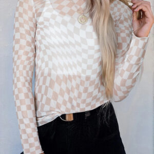 Checkered Mesh Long Sleeve Tops