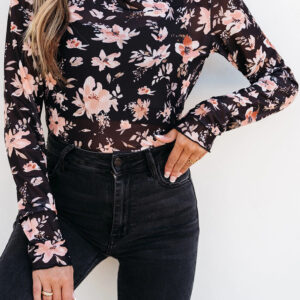 Black Floral Mesh Mock Neck Long Sleeve Top