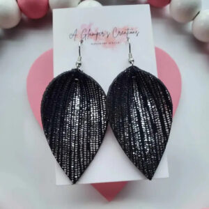 Silver Metallic On Black Pinched Petals Leather Earrings
