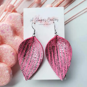 Silver Metallic On Pink Pinched Petals Leather Earrings